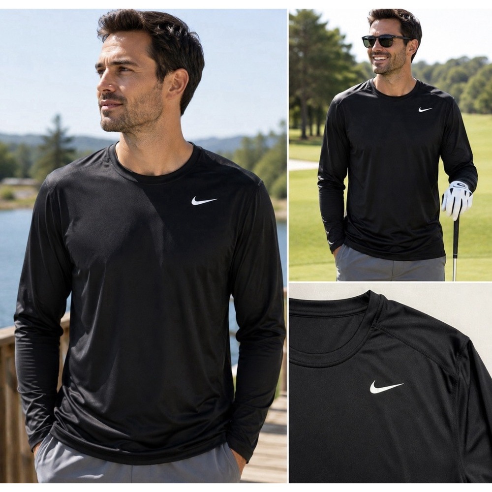 Nike Running Shirt Mens XL Black Long Sleeve Dri-Fit Reflective Swoosh Polyester